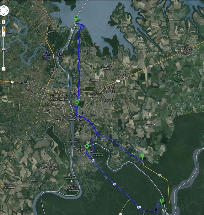 本日の移動はこんな感じ。バスにて移動。<br /><br />A:National Park（イグアス国立公園）<br />B:T.T.U.(フォス・ド・イグアスのバスターミナル）<br />C:Iatipu dam(イタイプー・ダム）<br />B:T.T.U.(フォス・ド・イグアスのバスターミナル）<br />D:Terminal de Ómnibus de Puerto Iguaz（プエルト・イグアスのバスターミナル）<br />E:Sheraton Iguazú（シェラトン　ホテル）