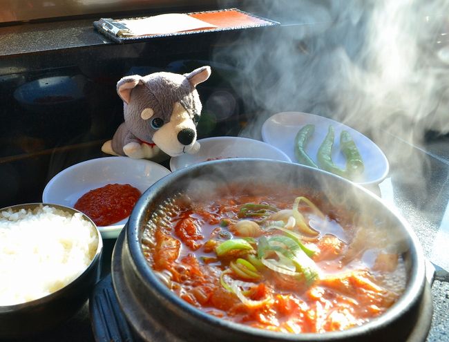 熱々です。<br /><br />ごはんも、がっつりぎゅうぎゅうに入っていました。<br /><br />青い唐辛子は、ちょっとかじっただけでしたが。<br />