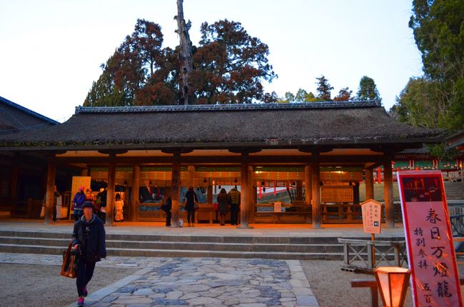 奥の建物が参拝所です。<br />右手前に「春日万燈籠」の看板が置かれています。<br /><br />これが、楽しみにしていた春、夏に行われる万燈籠行事です。