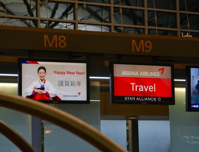 アシアナ航空にチェックイン！<br /><br />ここの「謹賀新年」の文字で、旧正月をちょっとだけ感じる。
