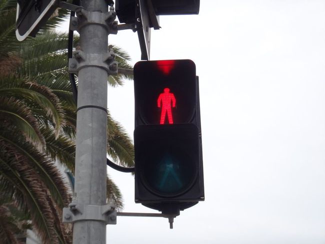 歩行者用の信号。そうそう、オーストラリアの歩行者用信号は青から赤に変わるのがめちゃめちゃ早い！歩くのが遅い人は絶対渡れないくらい早い！なぜ？