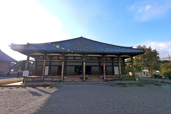 国宝元興寺極楽堂　東室南階大房（僧坊）の三房（室）分を寄棟造、本瓦葺六間四面の聖堂に改造されたもの、僧坊の一室（極楽坊）の身舎部を内陣とし、東妻を正面として前面向拝とした鎌倉時代新和様の堂々たる建造物である。<br />　奈良時代の往生人智光、礼光両法師の禅室として、また、百日念仏講衆の往生極楽院として極楽堂、智光法師感得の浄土曼荼羅が祀られたので曼荼羅堂とも呼ばれた。<br />　南都における浄土教発祥の聖地として古来有名な堂宇である。<br />http://www.gangoji.or.jp/tera/jap/link/link.html