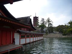 国宝に指定される客神社の社殿を囲むように、鏡の池が広がっています。

水面に秋の名月が映るさまがまるで鏡のようであることから名付けられたのでしょう。

更に奥には五重塔も視界に入り、変化に富んだ非常に美しい風景となっています。

宮島はどこを見ても一幅の絵になる優れた景観を持つ島です。


安藝國嚴島神社に詣でて詠む
春なればもみぢ色なく波の上（へ）の
御やしろのみぞくれなゐに染む