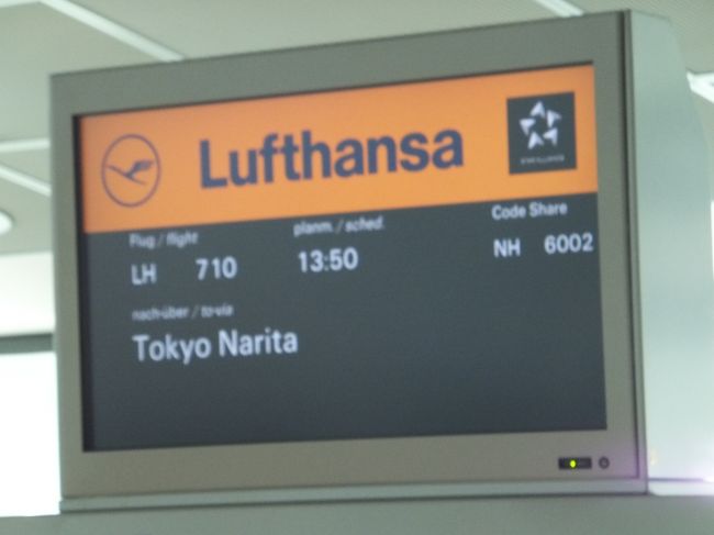 ほぼ定刻の１１：２０に到着。<br />時差があるので、時計を１時間進めます。<br />行きはグルグルと空港内を歩き回りましたが、帰りは大丈夫でした。<br /><br />ＬＨ７１０　１３：５０発の成田行きで、約１１時間５分のフライト予定。<br />行きと同じで大型の飛行機です。<br />ですが…