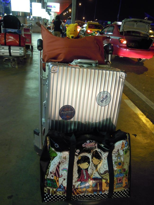 今回の荷物。<br />結局、スーツケースで間に合わず、<br />急遽、街の文房具屋さんで買ったの☆100円しなかった！<br />ガラは選べなかったのぉ。。。