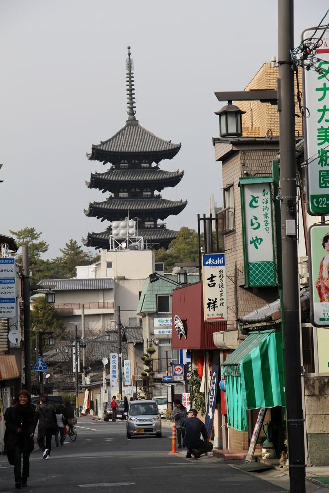 鶴福院町の辺りで振り返ると、町並みの向こうに興福寺の五重の塔が見えています。