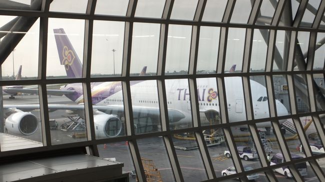 横にはＴＧ６７６成田行き。<br />エアバス３８０だ。でか。<br />飛行機はもっとシュッとしてるほうが見た目<br />かっこいいと思うのですが・・・。<br />ＴＧ６４６NAGOYAとＴＧ６７６NARITA。<br />間違えやすいぞ。