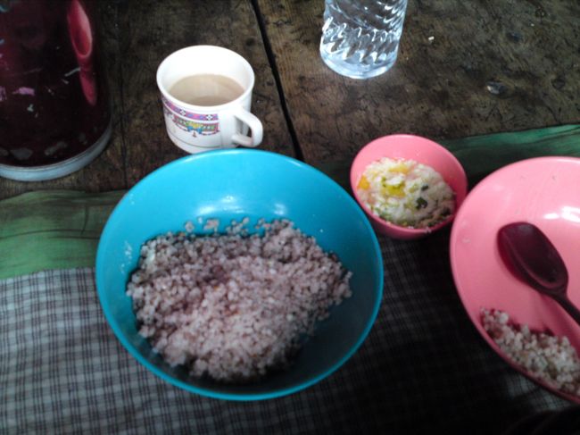 赤米のごはんと、唐辛子とチーズの煮込み<br />チーズだけにしてもらったけど、相当辛いです