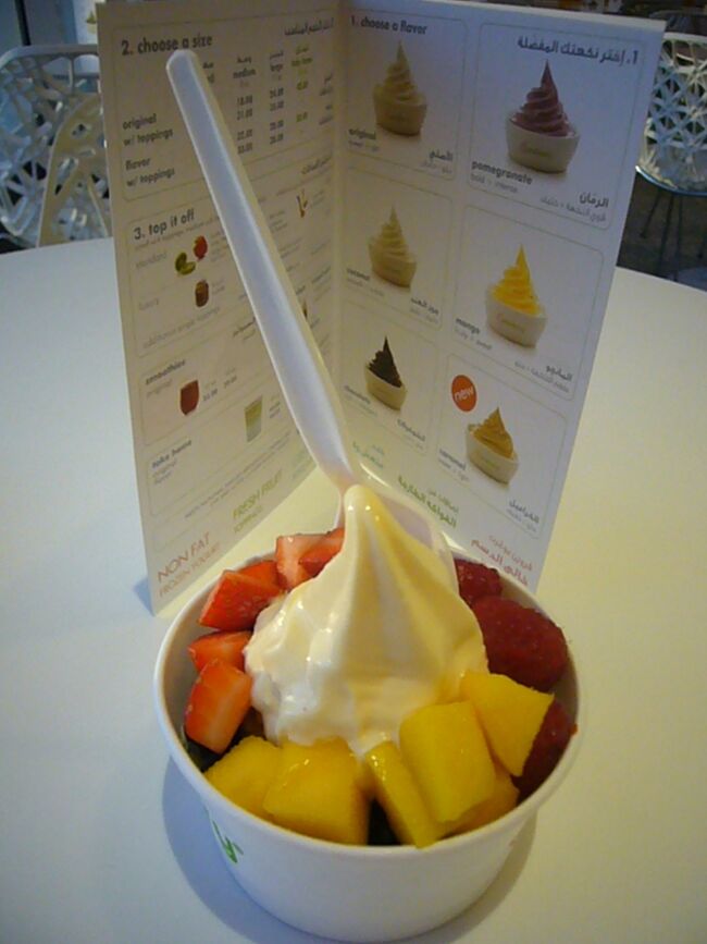 おやつにフローズンヨーグルト　　２３Ｄｈ<br />ショップのスタッフが丁寧に（英語で）説明してくれました。<br />ここでの英語解析度は７４％。<br />私にしてはかなり高いです。