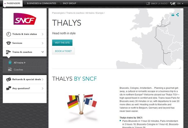 SNCFのサイトです。ここからTHALYSを選ぶと、そのままTHALYSのサイトに行くようです。<br />http://www.voyages-sncf.com/のサイトで見ると、パリからブリュッセルの単純往復のチケットがプリントアウト出来る方法で購入できるようです。その場合の金額を同日同列車で検索、比較すると、2.2ユーロ安いだけでしたので、北駅の窓口で買うのが不安で無ければ、ベルギー国内のどの駅でも乗り降りできるチケットを一度で購入出来、途中でチケット買う時間も必要なく移動できて楽です。<br /><br />私は、THALYSのサイトで予約入れました。<br />その場合、予約だけなので、予約確認のメールをプリントアウトしていく必要があります。<br />また、予約に使ったクレジットカードも必要です。