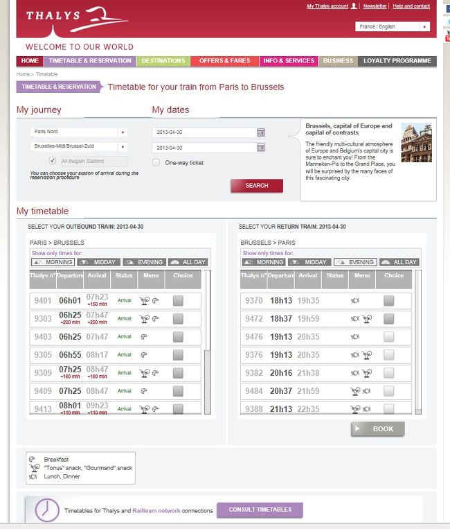 THALYSのサイト。ここからスタート。言語をENGLISHに変更。<br />①出発と到着、日程を選ぶ。<br />②ALL BELGIAN　STATIONにチェックを入れ忘れないように。<br />③赤いSEARCHをクリック。<br /><br />下にタイムテーブルが出てくるので、往復の任意の電車を選ぶ。