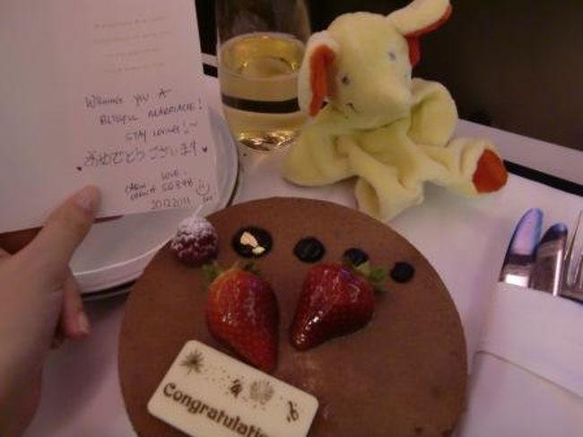 機内夕食の後にSQからサプライズでケーキのプレゼント。<br />新婚旅行と伺っていたので、とのことでした。<br />一体どうやって知って頂いたのかいまだに検討がつかず。<br />フライト手配した旅行代理店さんから連絡があったのかな。<br />いずれにせよこんなアレンジをして頂いた皆さまに感謝です。