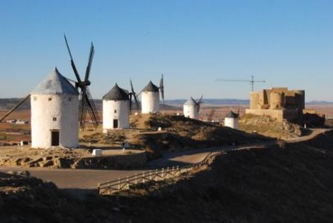丘の上には風車が並びます。<br />もう現役では使われていないようですが、赤茶色の大地と青い空に白の風車が映えます。<br />但し、風車を建てる場所だけあって風がめちゃくちゃ強い。。<br />長居をするには寒すぎ、コルドバまでの道のりも残しているため早々に切り上げます。<br />