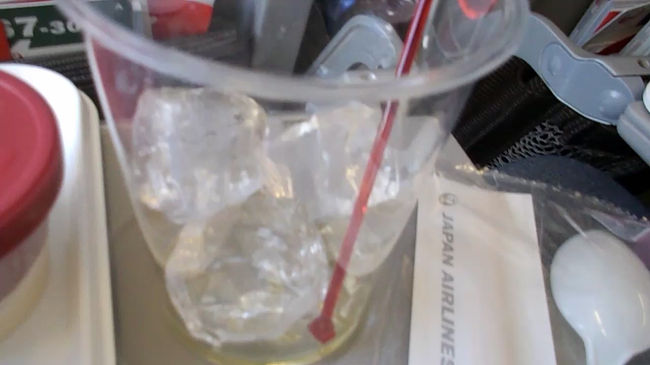 その前にたのんだ<br />ブランデ−の水割り<br />「いいかねドバドバッと８割方いれてから<br />ちょぼちょぼと少しだけ氷と水だけんね」<br />と言ったら本気で作ってきた<br />「おっしゃる通りの量にしました」<br />「やはり年配のＣＡの方がいい」<br />「冗談も通じる」<br />コップもでかすぎだって<br />それにしても「ゴクゴクとはいかない」<br />「チビチビだ」