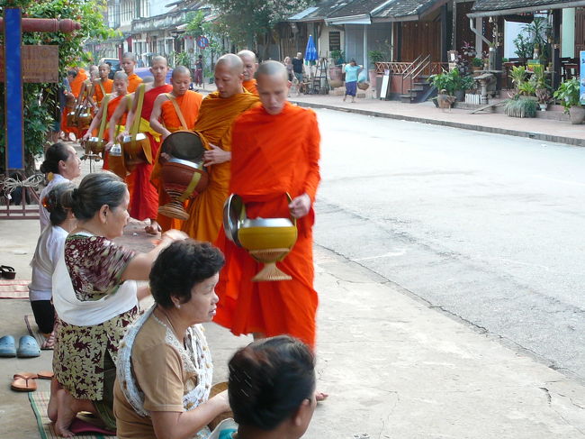 托鉢はラオスのメインの観光なのに、実はこの日のみしか見られませんでした。行く気のない日、間違えて起こされたのでまぁいってみようかということで。予定日には雨が降り中止となったので(^_^.)６時前にホテルを飛び出て、これが終わりの行列でした。シーサンオンと博物館の間の通りに曲がる所です。