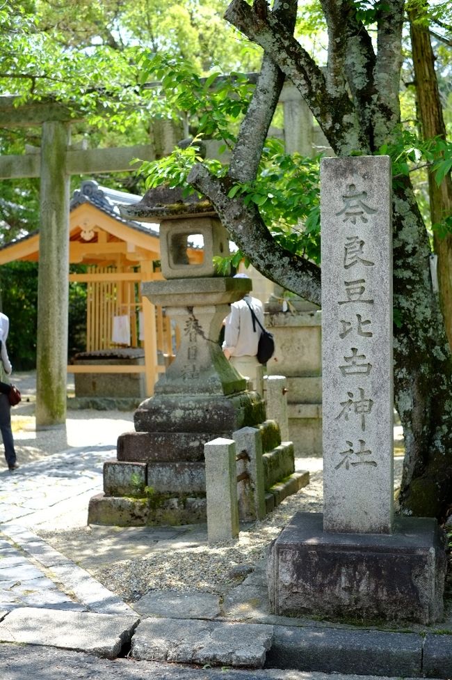 写真ではわかりませんが、奈良豆比古神社の境内は広くて、ちょっと寂びた雰囲気もあっていい感じ。古そうな石燈籠が並んでいました。