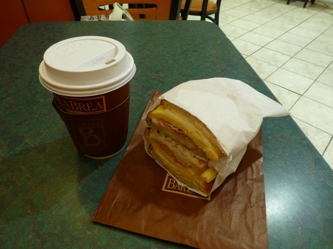 ベーコンとチーズと卵のパニーニとコーヒー。<br /><br />パニーニ　10.29ドル<br />コーヒー　2.69ドル<br /><br />税金入れたら14.15ドル！！！<br /><br />う〜ん、高い。<br />空港だから仕方ないか…。<br /><br />でもパニーニは熱々で美味しかったです。<br />コーヒーは薄い…。<br /><br />UA0399は定刻に出発。<br />機内ではドリンクのサービスのみ。<br />オレンジジュースを貰いました。<br /><br />窓側を予約していたけど、残念ながら翼の上TT<br />それでもラスベガスの夜景は綺麗だった〜。