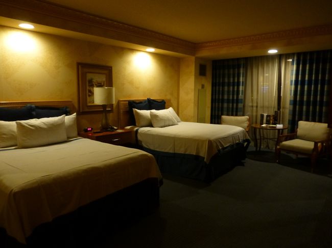 定刻にラスベガス・マッカラン国際空港に到着。<br />この時午後11時を過ぎて居たので、空港の写真もそっちのけで、とにかくホテルへ。<br /><br />荷物を受け取ってタクシー乗り場からタクシーでルクソールへ。<br /><br />タクシー代15ドルちょっとでした。<br />深夜だしちょっと多めに20ドルお支払い。<br />気前良すぎた？<br /><br />ルクソールのタクシー降車場はホテルの裏手。<br />チェックインカウンターが分からず探しました〜。<br />スーツケースを持った旅行客にチェックインカウンターを教えてもらって無事チェックイン。<br /><br />ピラミッドが良かったけど、この日はいっぱい。<br />「明日来たら替えてあげるよ〜」って言ってもらったけど、荷物整理するのも面倒だし、タワーにはバスタブもあるしって事で、5日間イーストタワーにお世話になりました。<br /><br />お部屋はキングサイズのベットが二つのツインルーム。<br />お部屋はとっても広くて快適。<br />ベットの寝心地も良かったです！<br /><br />でもスリッパが無かったのが残念。<br />機内用のスリッパをずっと使ってました。