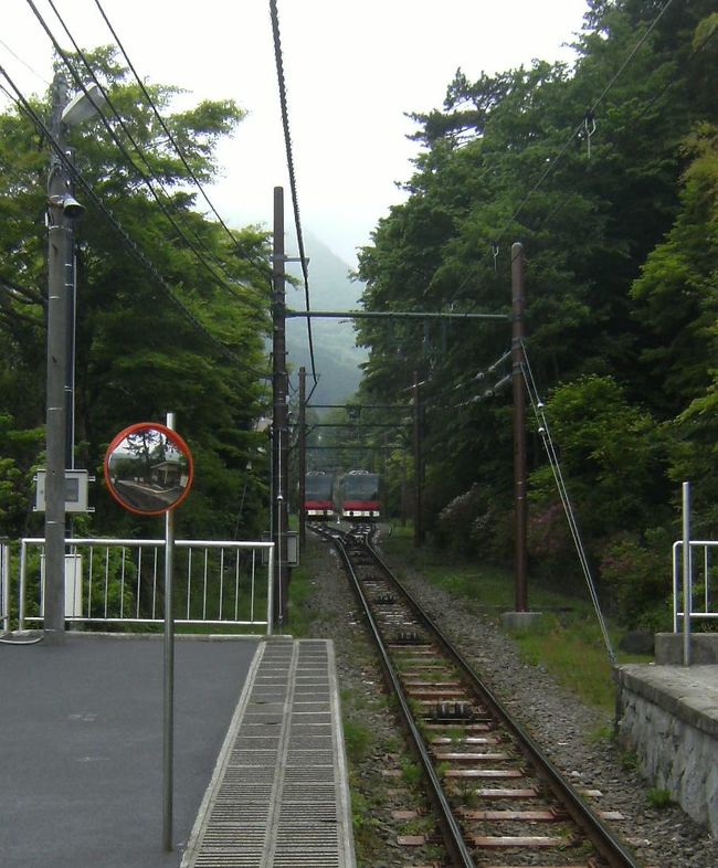 強羅からケ−ブルカ−で公園上駅へ。この直ぐ上で車両の擦れ違い