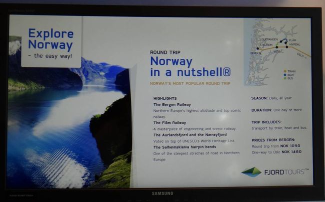 今日一日で僕が回るコースはこれ<br /><br />Norway in a Nutshellという名前がついている<br /><br />《ベルゲン》==鉄道==>《ミュルダール》==フロム鉄道（観光鉄道）==>《フロム》==フェリーで二つのフィヨルドを回り==>《グドヴァンゲン》==バス==>《ヴォス》==鉄道==>《ベルゲン》