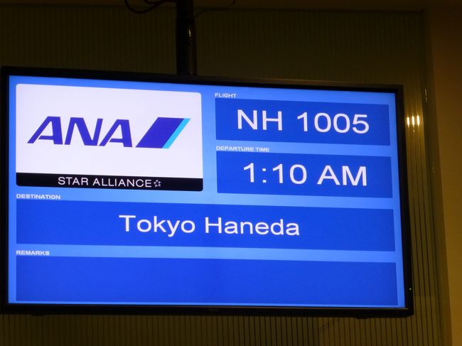 NH1005便は定刻に出発。<br /><br />このフライトも非常口前を指定していたので、機内の写真はナシ。<br /><br />機内はビジネス満席、エコノミーも3席しか空席が無いほどの混雑でした。<br /><br />離陸後すぐの食事はターキーサンド。<br />かなり大きかったけど、美味しく頂きました。<br /><br />2時間程ゆっくり寝てお腹が空いたので、バナナを貰いにギャレーに。<br />そこでCAさんと30分くらいお話してました。<br />旅行の事とか色々お話出来て楽しかったです。<br /><br />到着前の機内食は鱈の立田ソース。<br />久しぶりのお味噌汁が美味しかった。<br />お代りしたかったくらい。