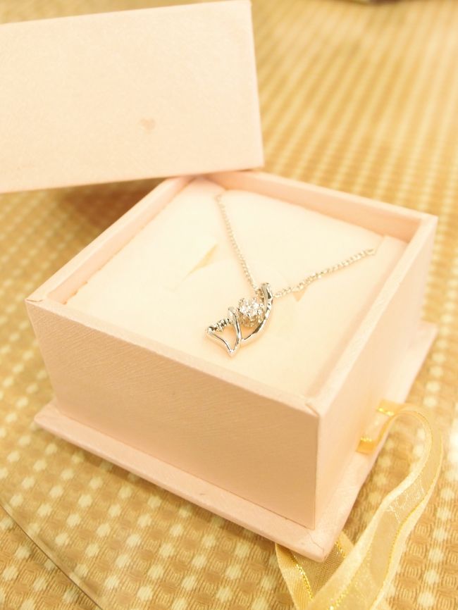 Ivy Brideで変身写真撮影後、ネックレスをいただきました♪<br />提携しているジュエリーショップが「来たお客さんに配ってね」とくれるのだそうです。<br />ここに来るのは、基本的に結婚を考えているカップル。<br />いい宣伝になるでしょうね。<br />私たち、結婚写真でもないのに、いただいてしまってすみません。<br />デザインもかわいいので、早速使ってます。<br /><br />