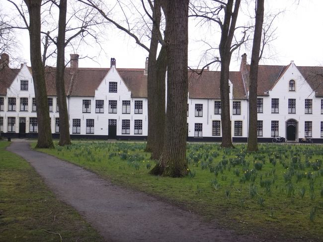 世界遺産『ベギン会修道院』（Begijnhof）<br /><br />木々の向こうには、ベギン会修道女たちが住む<br />白壁の家屋が連なります。<br />（現在はベネディクト派の修道女たちの祈りと<br />生活の場所になっています。）<br /><br />ベギン会修道院は、尼僧とは違い、<br />あくまで自身で生計を立て、自立的な生活を営む<br />女性たちのための共同生活の場だったようです。<br /><br />1998年にフランドル地方のベギン会修道院群として、<br />オランダやベルギーに残るベギン会修道院のうち、<br />フランドル地方の計13のベギン会修道院が<br />ユネスコ世界遺産に登録されました。<br /><br />計13のベギン会修道院の一つがブルージュにある<br />『ベギン会修道院』で、1245年にフランドル伯爵夫人<br />のマーガレットの意志のもと設立されました。