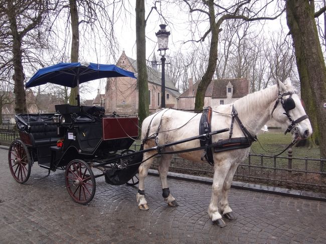 世界遺産 ブルージュ歴史地区の白馬の馬車です。<br /><br />この馬車に乗車して優雅にブルージュ歴史地区を<br />散策したいものです。<br /><br />私たちはツアー団体なので今回は諦めます。<br />