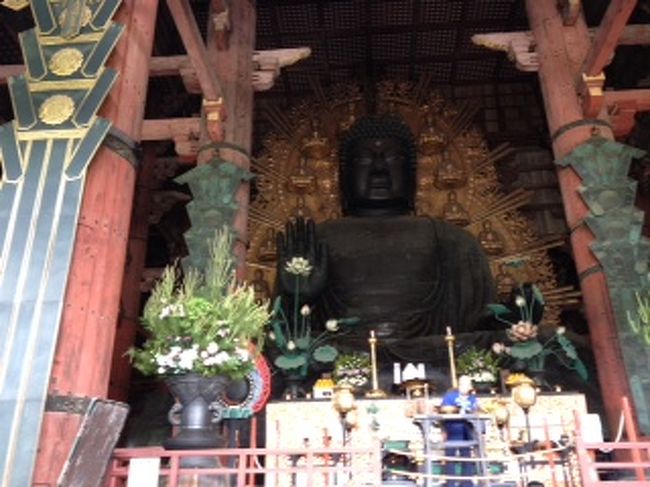 東大寺の大仏です<br /><br />大仏の鼻の穴と同じ大きさの穴があいた柱があって、修学旅行生が通り抜けていましたが、ぽっちゃりの人でもOKでした。<br />私たちが行った時は行列が出来ていました