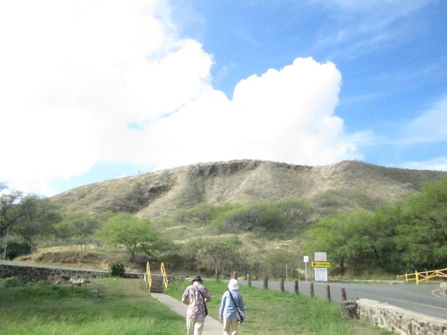 マーケットから歩いて、ダイヤモンドヘッドの登山口へ。<br />駐車場まではバスで行く人が多いので、<br />あまりマーケットから歩く人はいないようでした。<br /><br />いざ登らん！