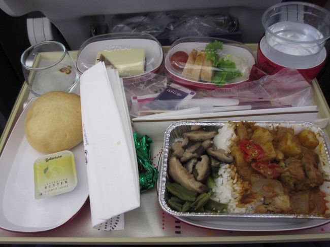 機内食です。チキンカレーですね。<br />ライスの上に「いんげん」と「しいたけ」が乗っているのがタイっぽいです。<br /><br />日本のカレーとは異なりますが、とても美味しかったです！