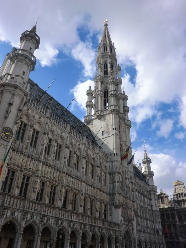 「ブリュッセル市庁舎」<br />１４０２年からゴシック様式で建設され、１４４９年に９６ｍの塔が増築された。<br />１６９５年にフランス軍の砲撃で破壊されたが１８世紀になって５年がかりで再建された。<br />オランダ語とフランス語の同時通訳システムを備えた議会場の雰囲気はさぞかしと....