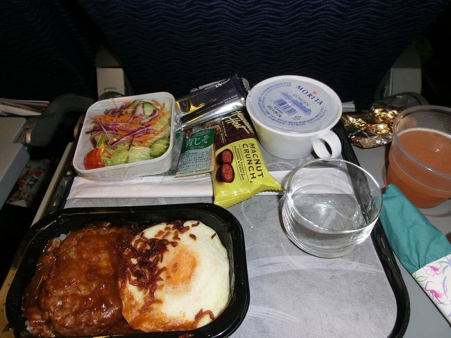 　ロコモコです。<br /><br />　ちなみにハワイアン航空のエコノミー席は、みんなロコモコです。<br />　選べません（爆）<br /><br />　その後、睡眠時間となりますが、なかなか寝つけませんでした。<br /><br />　映画は、「Ｍｒ＆Ｍｒｓスミス」？かな。それと「ストロベリーナイト」<br />映画を見つつ、うたた寝してました。