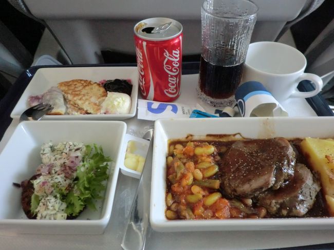 １２：３０ランチが出た。<br />ラム肉、ポテト、レンズマメ煮込み、<br />サラダ、パン、ミニケーキ<br />コーラを注文。