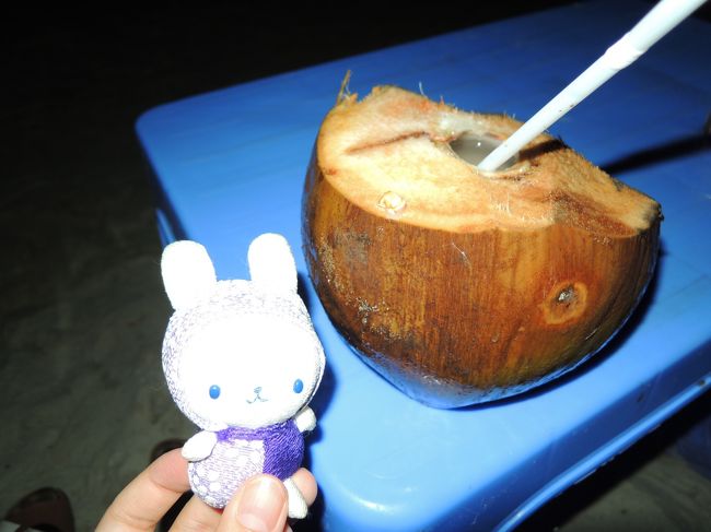 よる、ガイドさん&amp;ドライバーさん達とナイトマーケット側の浜辺にきたよ。<br />まーっ暗のなか、浜辺で遊ぶ人たち。すごいです…<br />これ、今まで飲んだココナッツジュースの中で一番あまくて美味しかった(^^)vｱﾘｶﾞﾄｰ