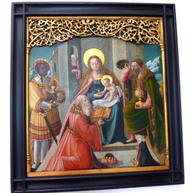 これは「東方三博士の礼拝」ですね。<br /><br />ある程度聖書を勉強して欧州の名画を鑑賞すると、大変面白いです。<br />