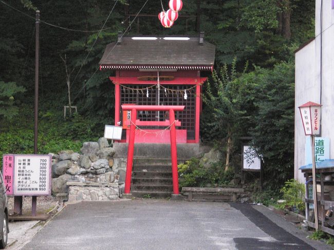 夕飯前の散歩。5分くらい歩くと小さな神社があり足湯に入れます。金精神社と言い子宝の湯らしく男根が祭られていました。フロントで温泉街の地図がもらえます。