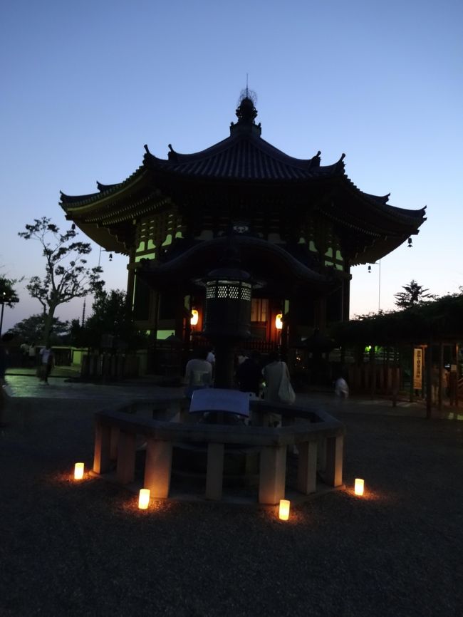 では、南円堂の前を通って、最初は興福寺会場へ！<br /><br />ＰＥＮの充電器が見当たらず、コンデジ君の「夜景手ブレ防止モード」です。