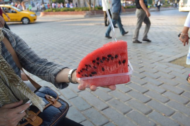 次に屋台。アヤソフィア前の広場には屋台がいっぱい。スイカも屋台で売ってる。７TL。味は大雑把。日本の方がうまい。