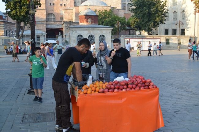 オレンジとザクロの生ジューススタンド。いたる所にあるが、オレンジジュースはどこも美味しい。だいたい４〜５TL。ザクロジュースはややすっぱいか。日本では高いので、ここぞとばかり飲みまくった。日本のより絶対に美味しい。