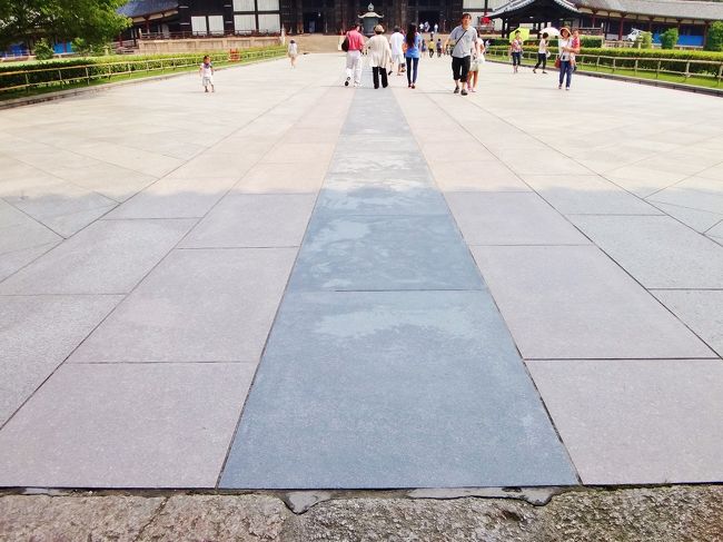 中門から金堂に伸びる石畳。<br /><br />仏教の伝来順序を意味しています。<br />中央の黒い石が仏教発祥の地、インドの石。<br />その両脇が伝来した中国の石、<br />その両脇が次に伝来した朝鮮の石、<br />そこから端が我が国の石ということです。