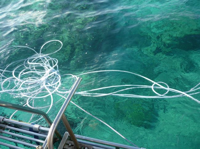 長いホースで船の上からコンプレッサーで空気を送っています。<br />船の上のインストラクターがホースが絡まない様に監視しています。