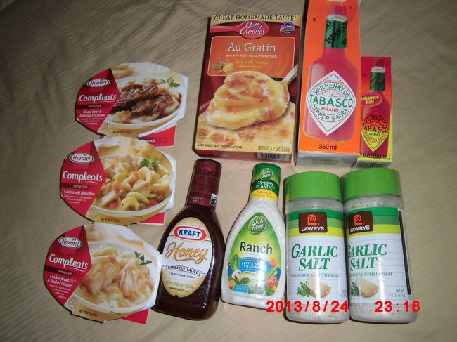 Ｋmart<br /><br />おいしそうだったので購入　レンジでチ<br />ンするおかず　各$2.74<br /><br />honey BBQソース　$2.19<br />ranchドレッシング　$2.89<br />友人へのお土産　ガーリックソルト　$2.89<br /><br />マッシュポテト　$1.99<br />大きいタバスコ　$7.79<br />ハバネロタバスコ　$1.44