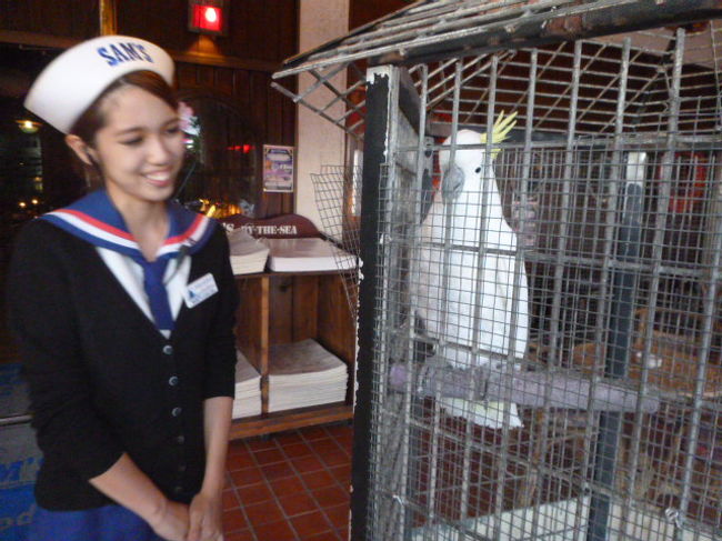 機嫌が良いと饒舌なオウム。ウエイトレスの制服もかわいい。<br /><br />「コンニチワ、イラッッシャイマセ、アリガトーゴャイマシタ、」