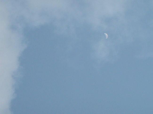 【４日目】<br />６時頃、ホテル隣の海岸へ、台風の影響で曇りがち。<br />浜辺にレジャーシートを敷き、寝転がる。<br /><br />「青空に三日月、見っけ！」