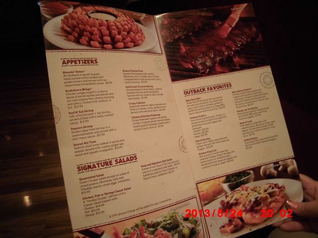 3日目夕食　OUTBACK<br /><br />市内観光で行った恋人岬の入場券の裏にクーポンがあったので<br /><br />軽く混んでいたけれど、15分くらいで案内してもらえました。<br /><br />待っている人も、食事している人も、日本人ばかリ！<br /><br />日本語メニューはありませんでした<br /><br /><br /><br />