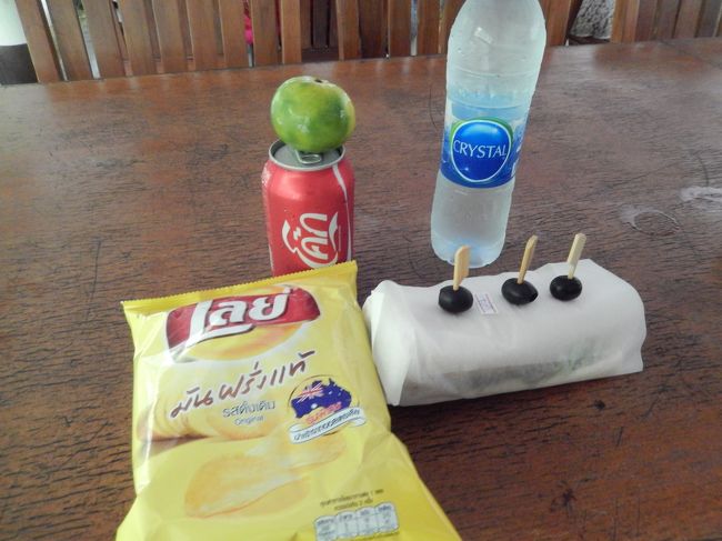 ツアーに含まれている昼食。<br />ミネラルウォーター、缶ジュース、ポテトチップス、サンドイッチ、<br />みかん。<br /><br />ミネラルウォーターに缶ジュースとなぜか水分多すぎ。