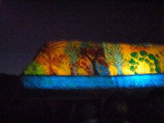 音と光のショー。

歴史とロマンという設定でストーリーが展開しました。
神殿の岩山にこんな感じの映像が映し出されます。

青がナイル川、赤や緑は植物を表現していて、ラムセス２世やネフェルタリ王妃の会話などが入れられていました。日本語上映でした。機会があれば、ぜひに。
