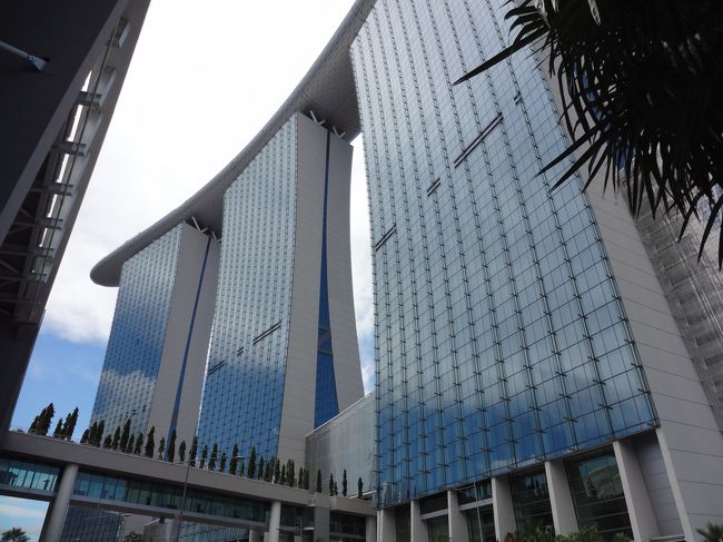 １４時、マリーナベイサンズにチェックイン。<br />噂には聞いていたが、シングリッシュ（シンガポール訛りの英語）に苦戦！<br />写真の一番右のタワー、７階の部屋だった。<br /><br />「低層階は景色が残念…。」