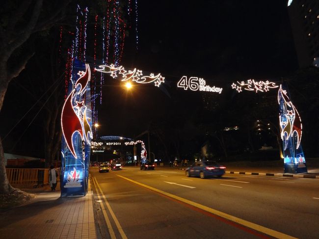 ２２時頃、近くの屋台で夕食、歩いてホテルに戻る。<br /><br />一般の道路も綺麗なイルミネーション、建国４６周年のお祝いらしい。